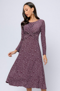 Платье бордовое с принтом длины миди с отделкой на груди и длинными рукавами 1001 DRESS