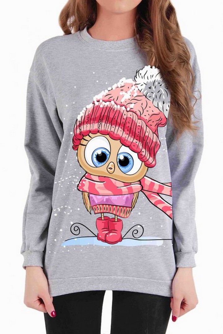 Фото товара 21481, серая женская толстовка с новогодним принтом